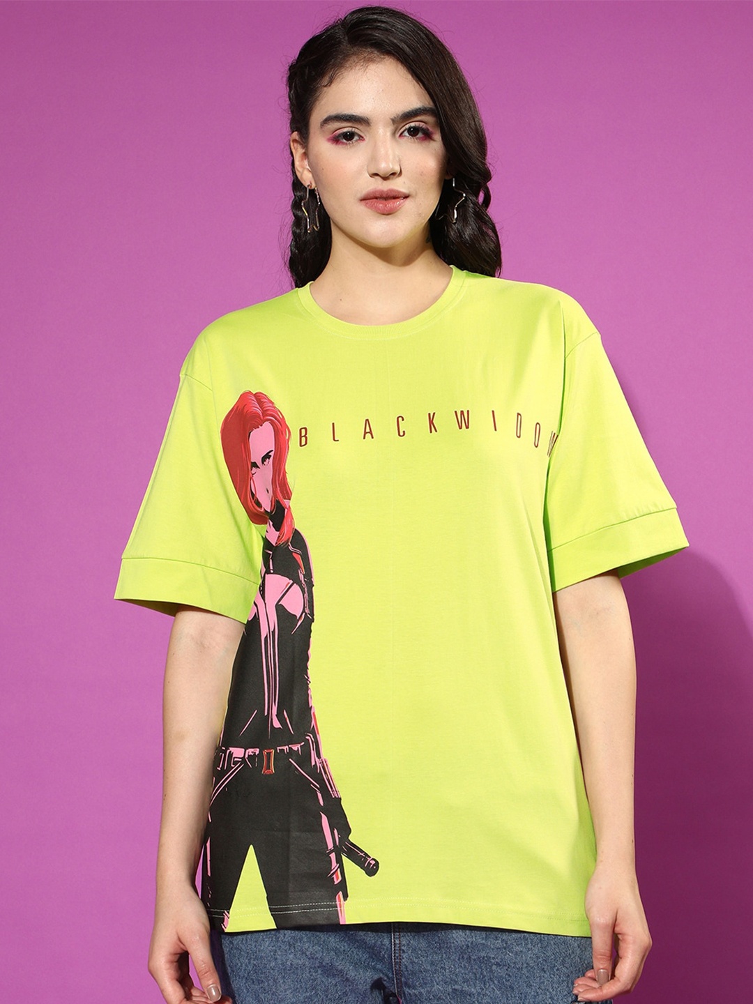 

JUNEBERRY Marvel Graphic Printed Round Neck Oversized Cotton T-shirt, Lime green