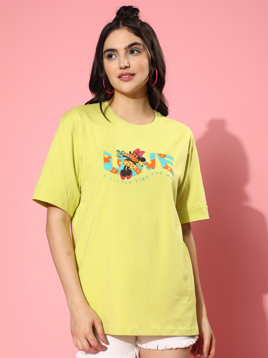 

JUNEBERRY Floral Minnie Mouse Printed Oversize Cotton T-shirt, Lime green
