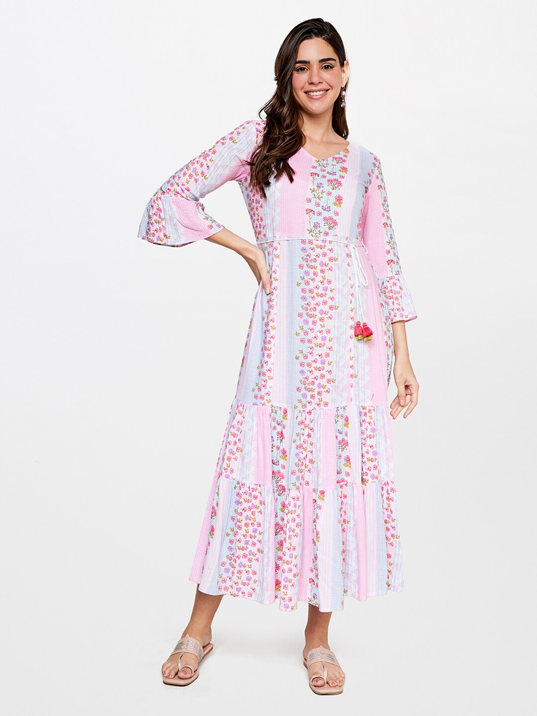 

itse Floral Print Bell Sleeve A-Line Midi Dress, Off white