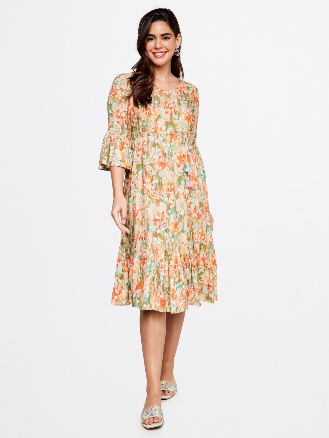 

itse Floral Print Bell Sleeve Fit & Flare Dress, Yellow