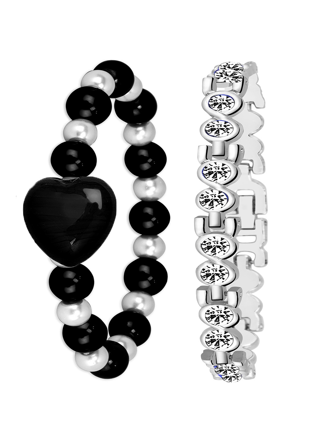 

Mikado Women Set Of 2 Artificial Beads & Stones Elasticated Bracelet, Silver
