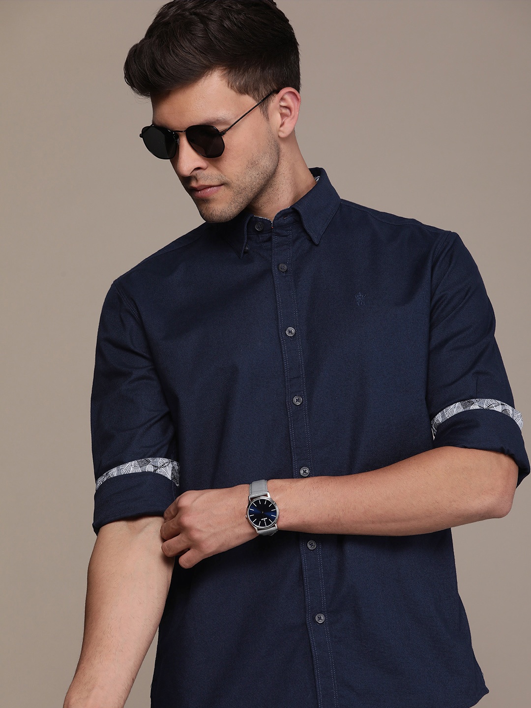 

French Connection Men Pure Cotton Slim Fit Casual Shirt, Navy blue