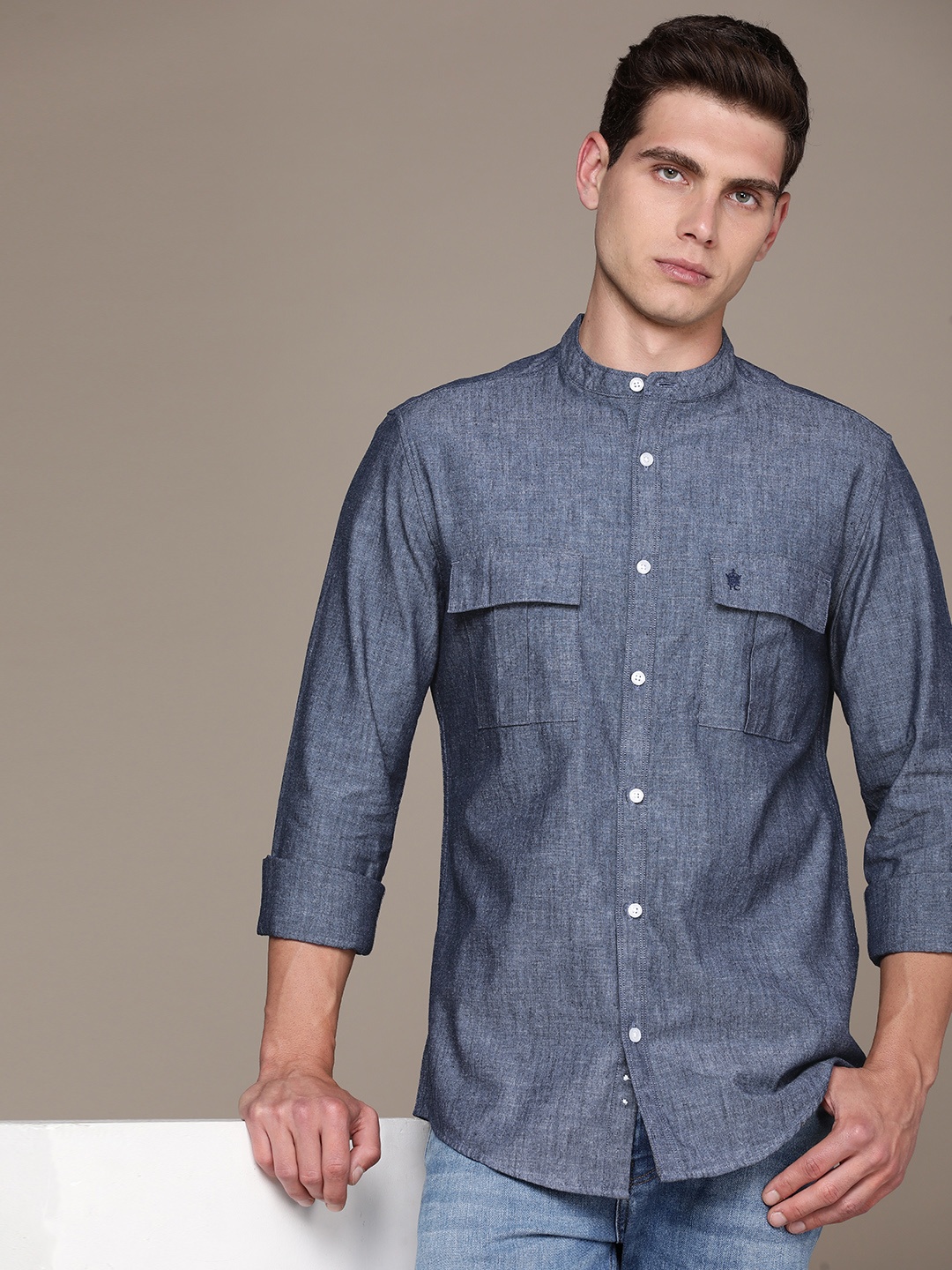 

French Connection Men Pure Cotton Slim Fit Casual Shirt, Navy blue