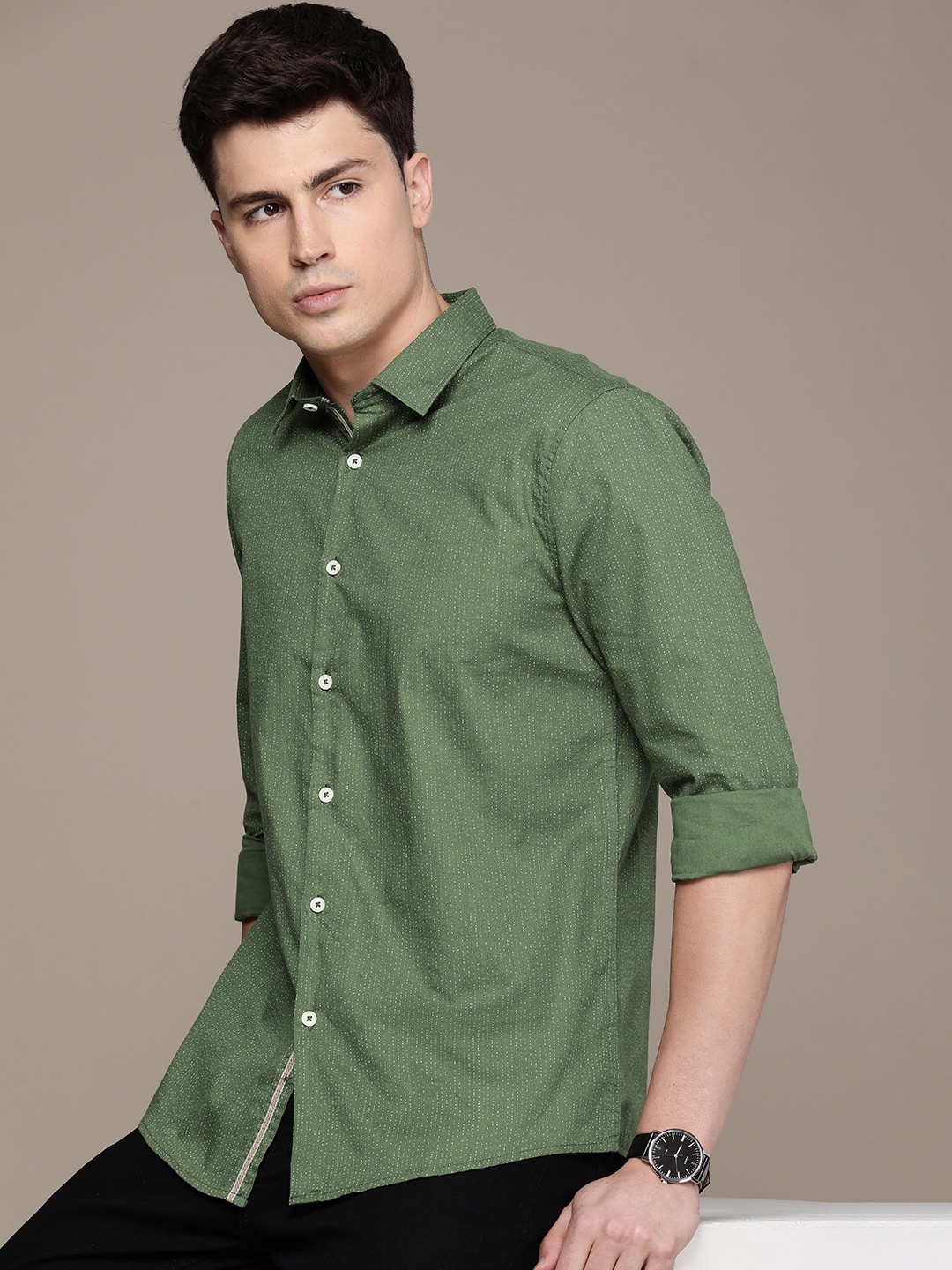 

French Connection Pure Cotton Slim Fit Opaque Printed Casual Shirt, Green