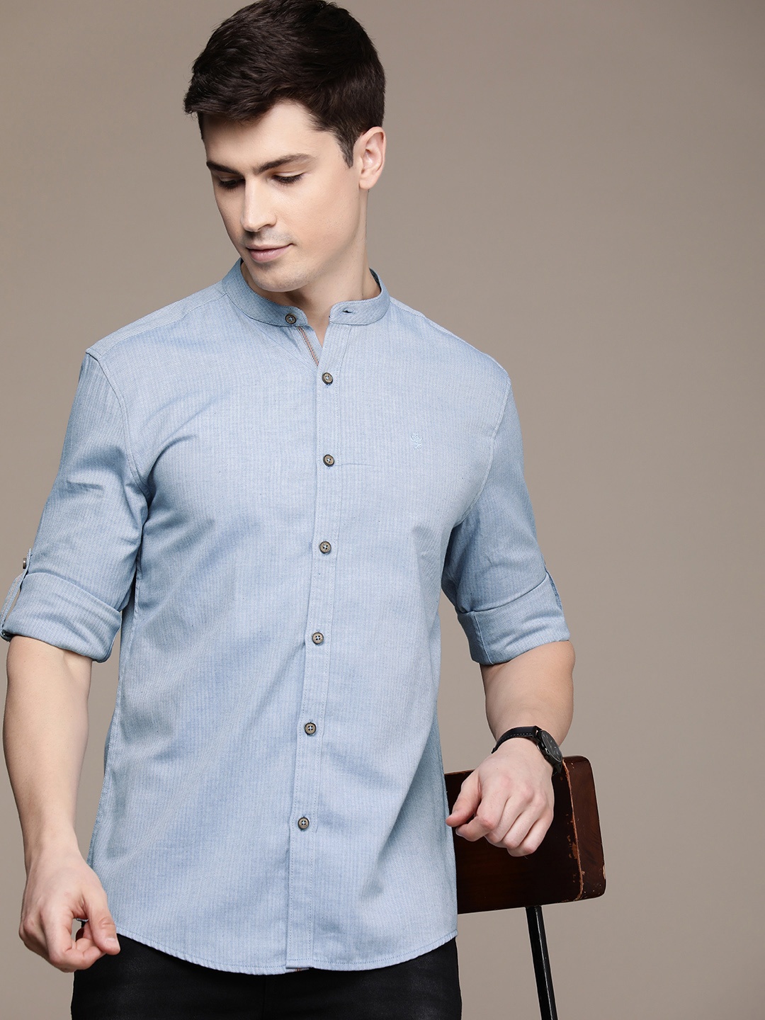 

French Connection Band Collar Self Design Slim Fit Casual Shirt, Blue
