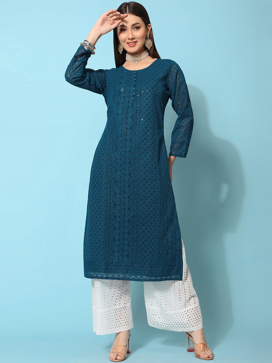 

KALINI Ethnic Motifs Embroidered Chikankari Pure Georgette Straight Kurta, Teal