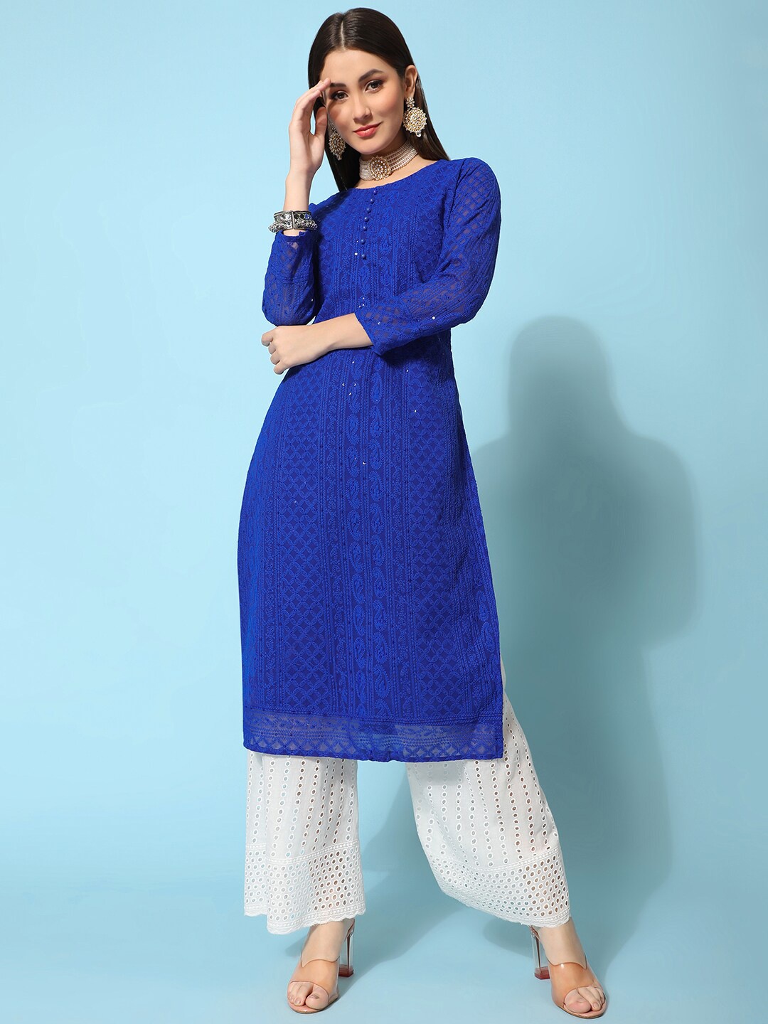 

KALINI Ethnic Motifs Embroidered Chikankari Pure Georgette Straight Kurta, Blue