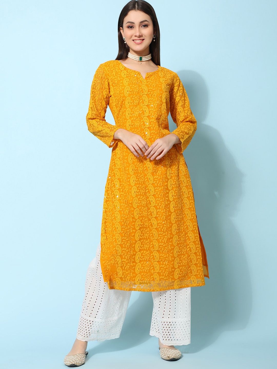 

KALINI Ethnic Motifs Embroidered Chikankari Pure Georgette Straight Kurta, Mustard