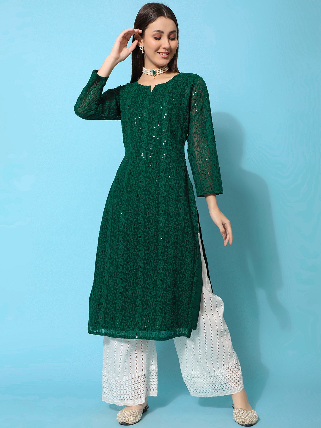 

KALINI Ethnic Motifs Embroidered Chikankari Pure Georgette Straight Kurta, Green