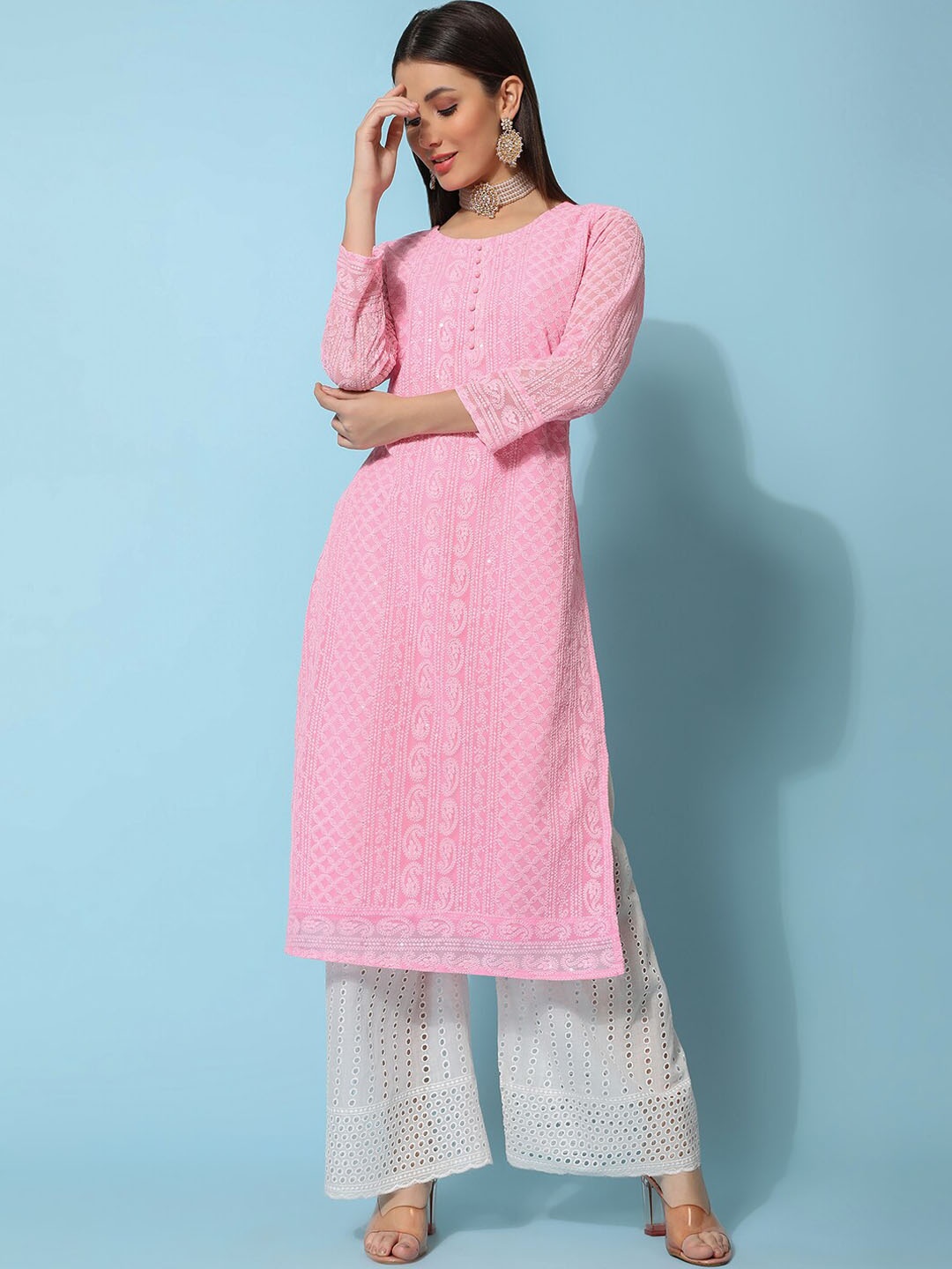 

KALINI Ethnic Motifs Embroidered Chikankari Georgette Straight Kurta, Pink