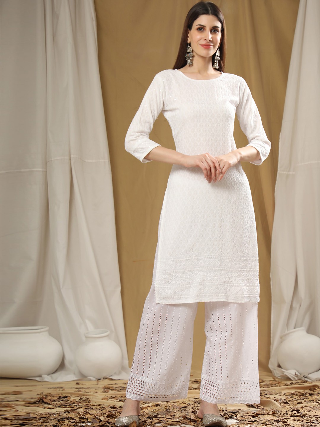

KALINI Chikankari Sequence Georgette Straight Kurta, White
