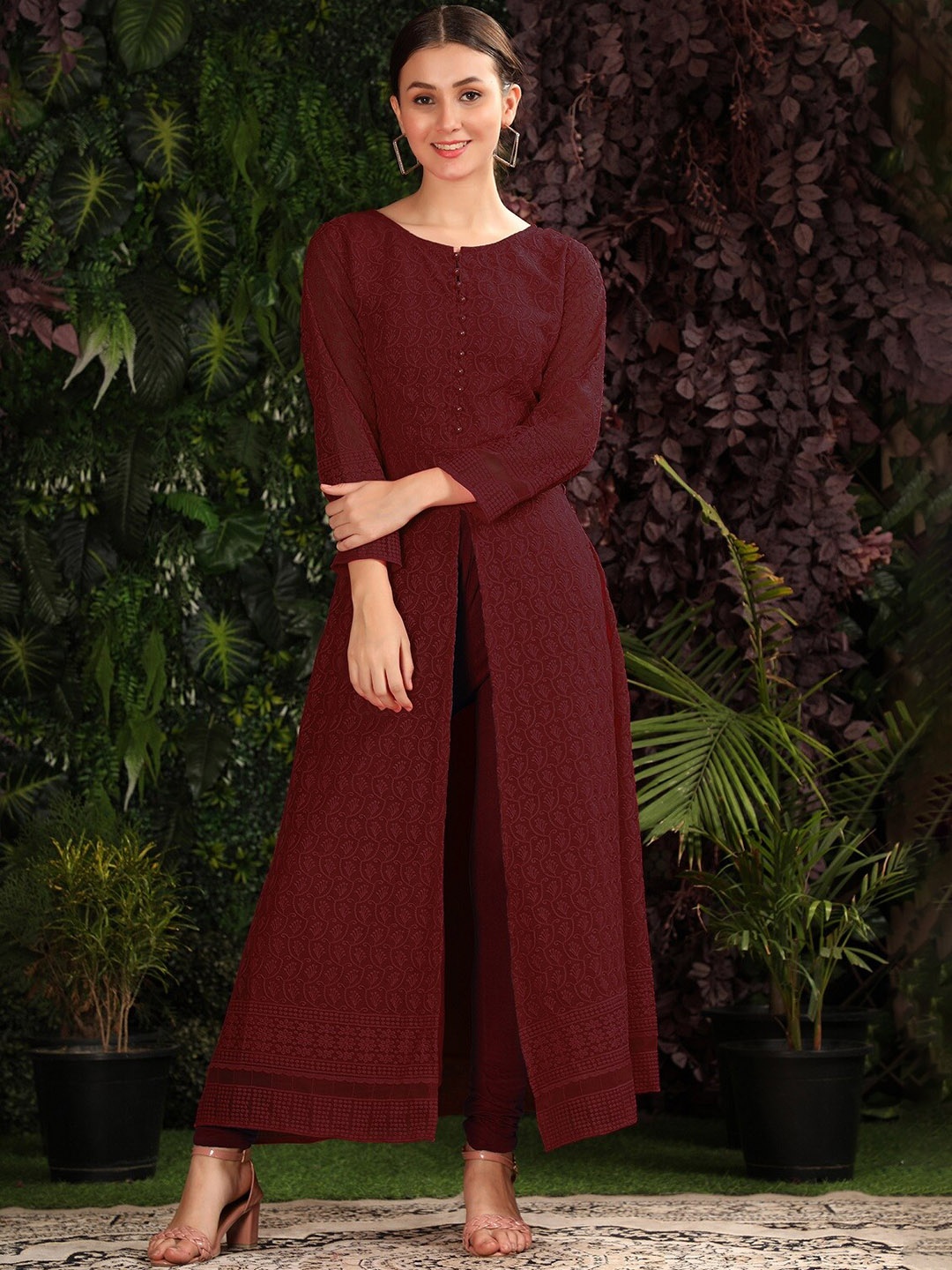 

KALINI Ethnic Motifs Embroidered Front Slit Georgette A-Line Kurta, Maroon