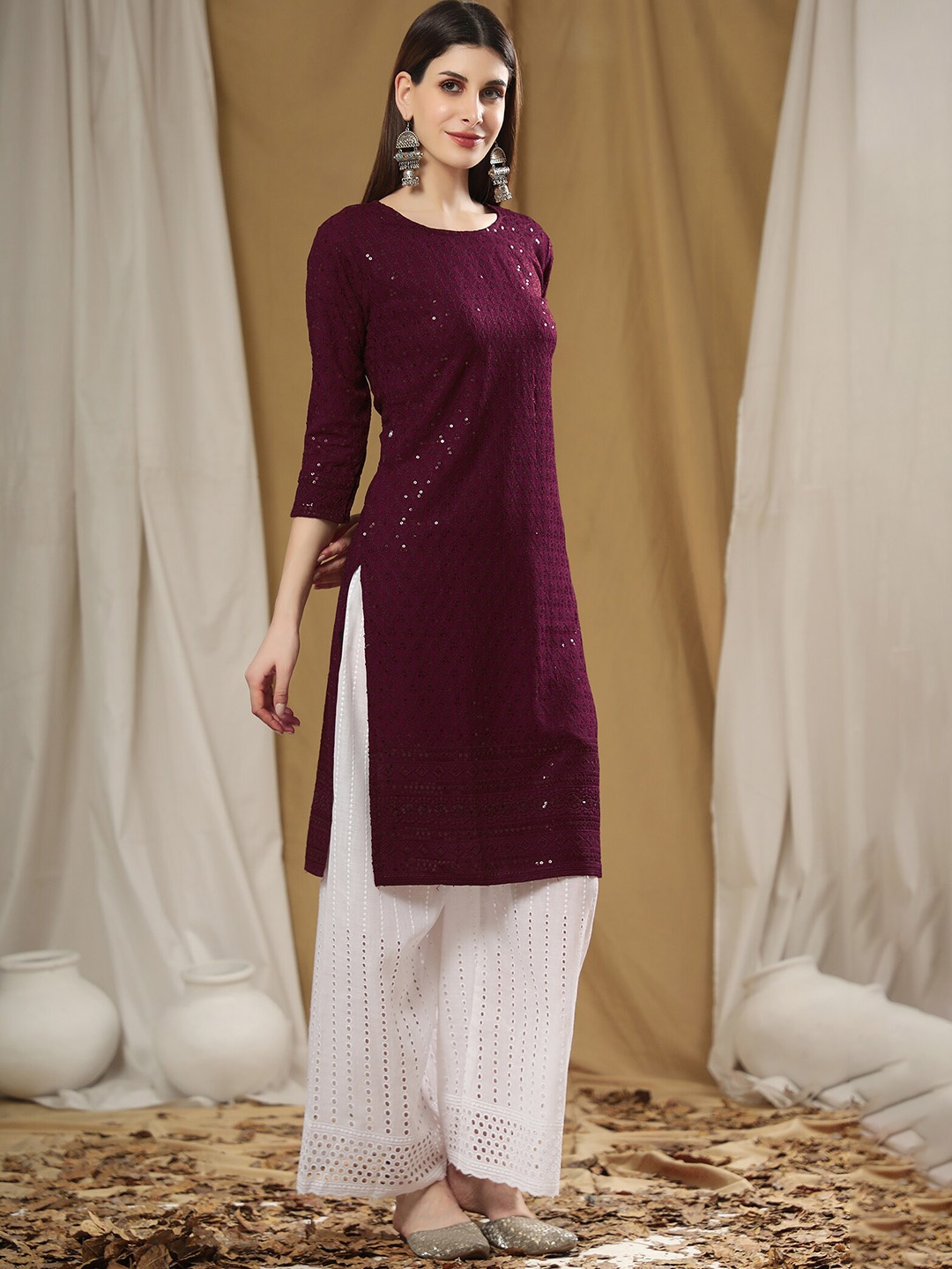 

KALINI Ethnic Motifs Embroidered Sequined Georgette Straight Kurta, Purple