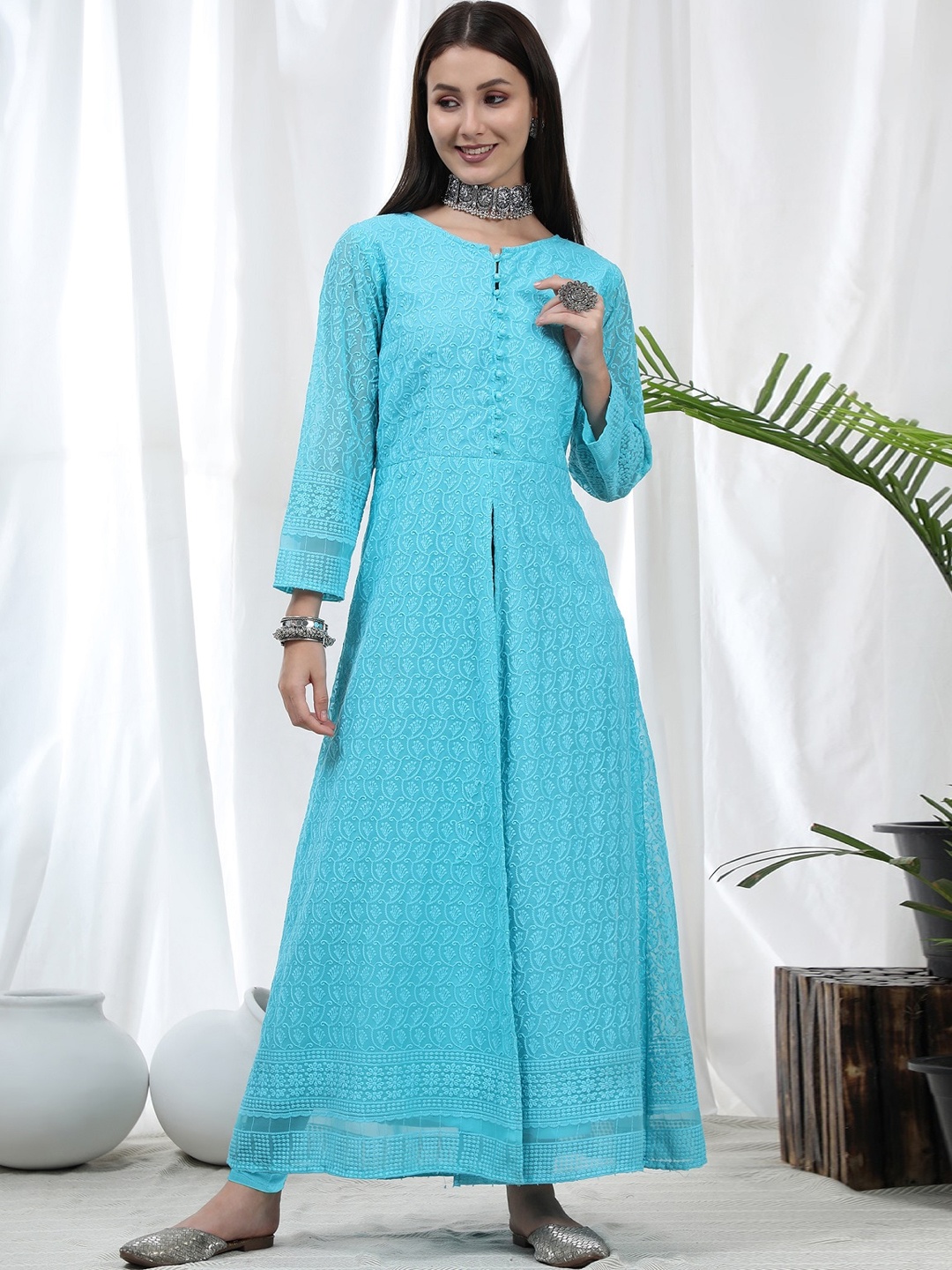 

KALINI Ethnic Motifs Embroidered Front Slit Georgette A-Line Kurta, Turquoise blue