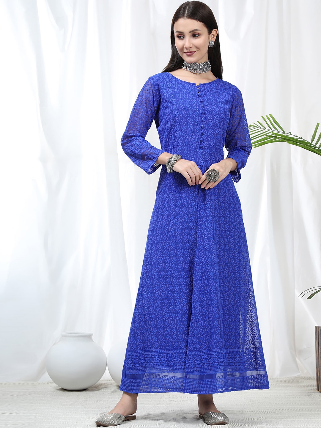

KALINI Ethnic Motifs Embroidered Front Slit Georgette A-Line Kurta, Blue