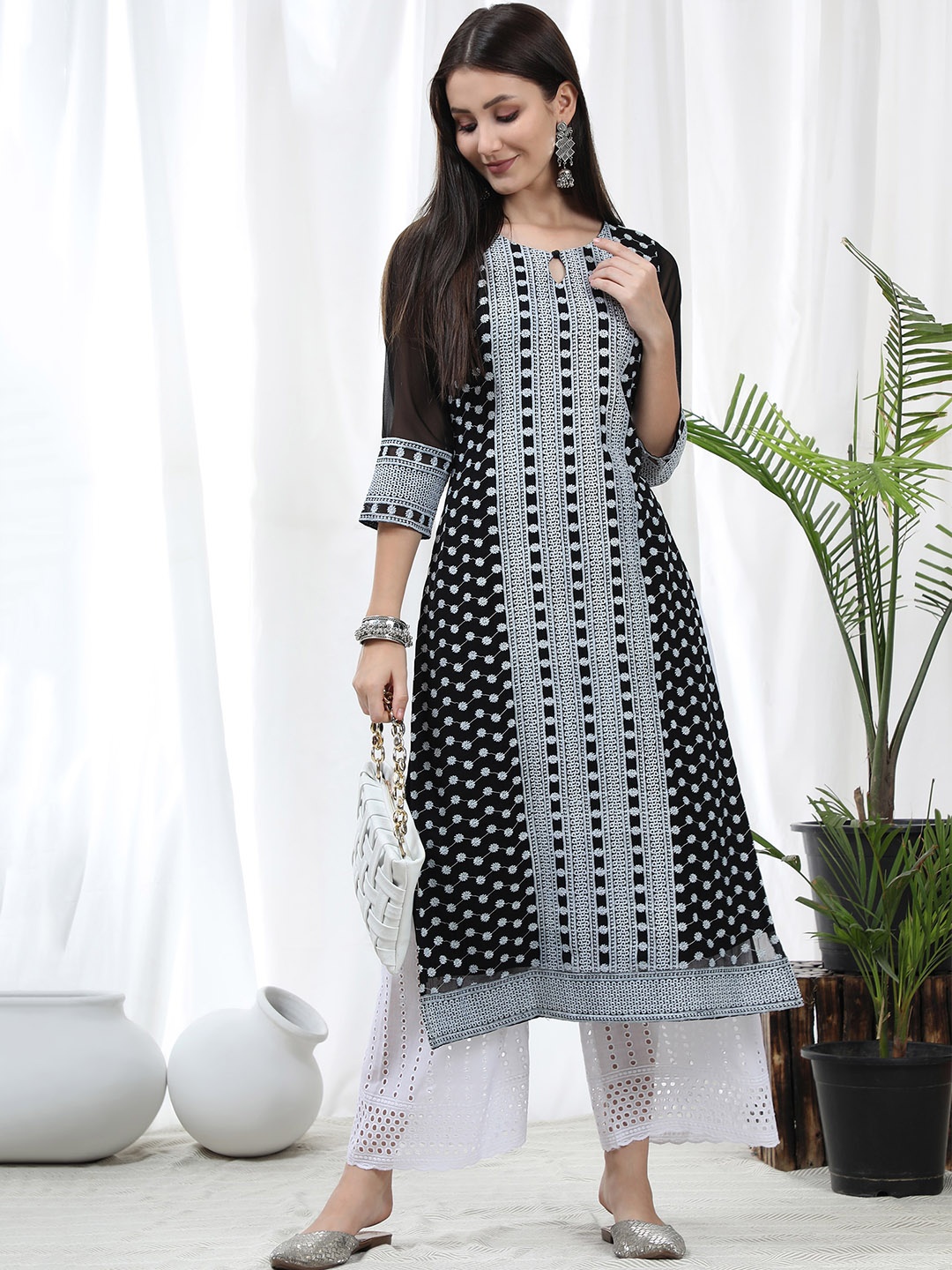

KALINI Floral Embroidered Keyhole Neck Chikankari Georgette Straight Kurta, Black