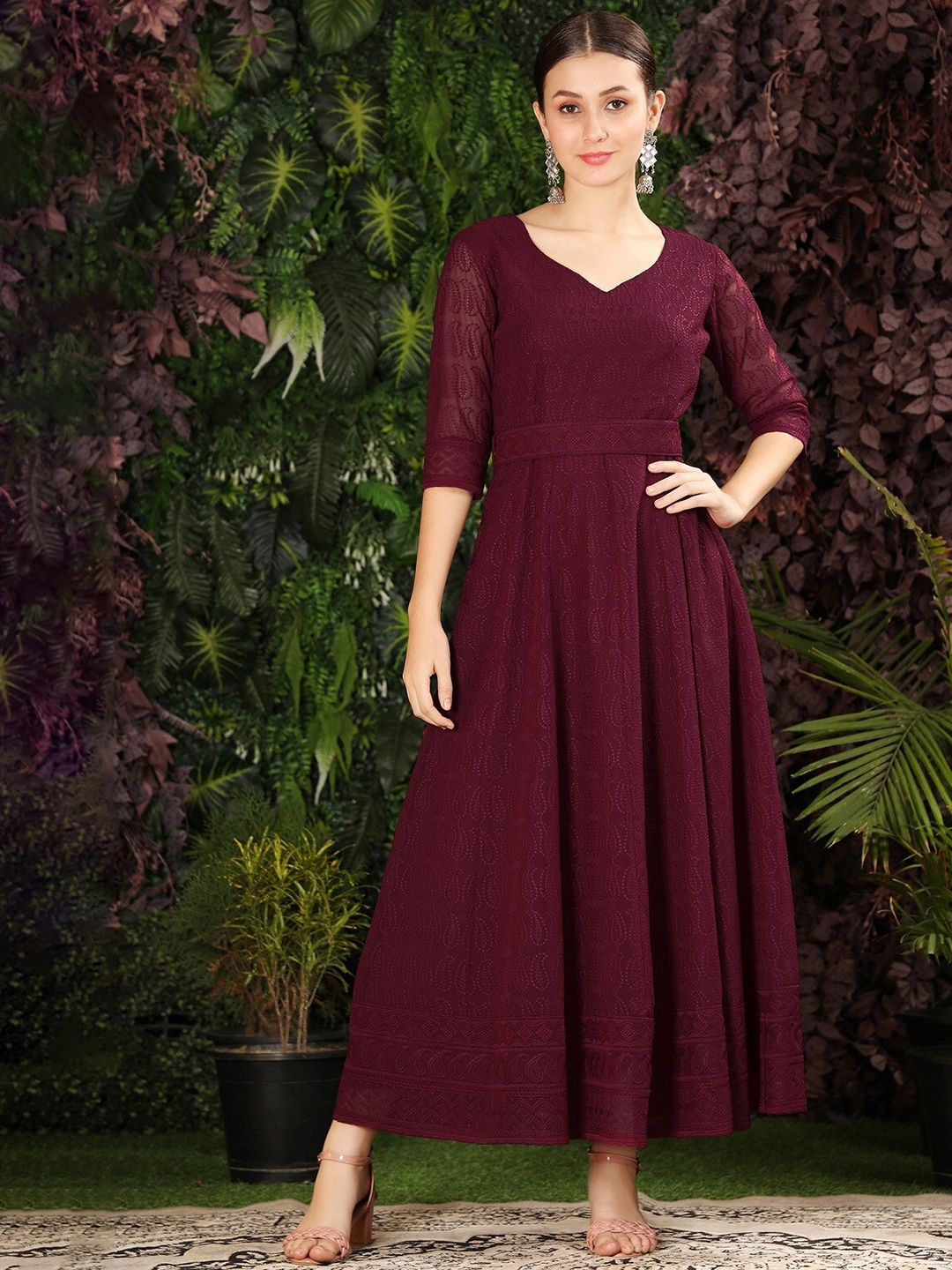 

KALINI Paisley Embroidered V-Neck Georgette Maxi Ethnic Dress, Purple