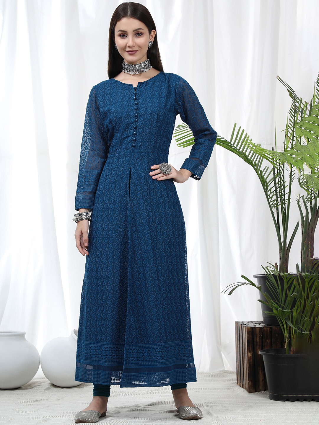 

KALINI Ethnic Motifs Embroidered Front Slit Georgette A-Line Kurta, Teal
