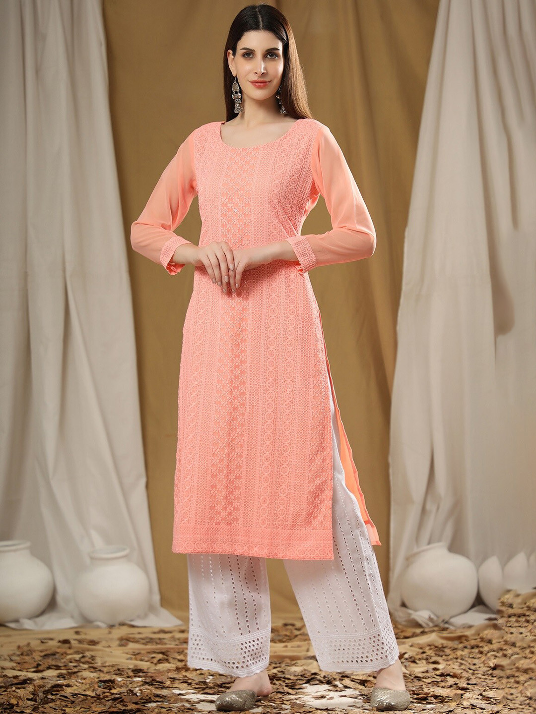 

KALINI Ethnic Motifs Embroidered Chikankari Georgette Straight Kurta, Peach