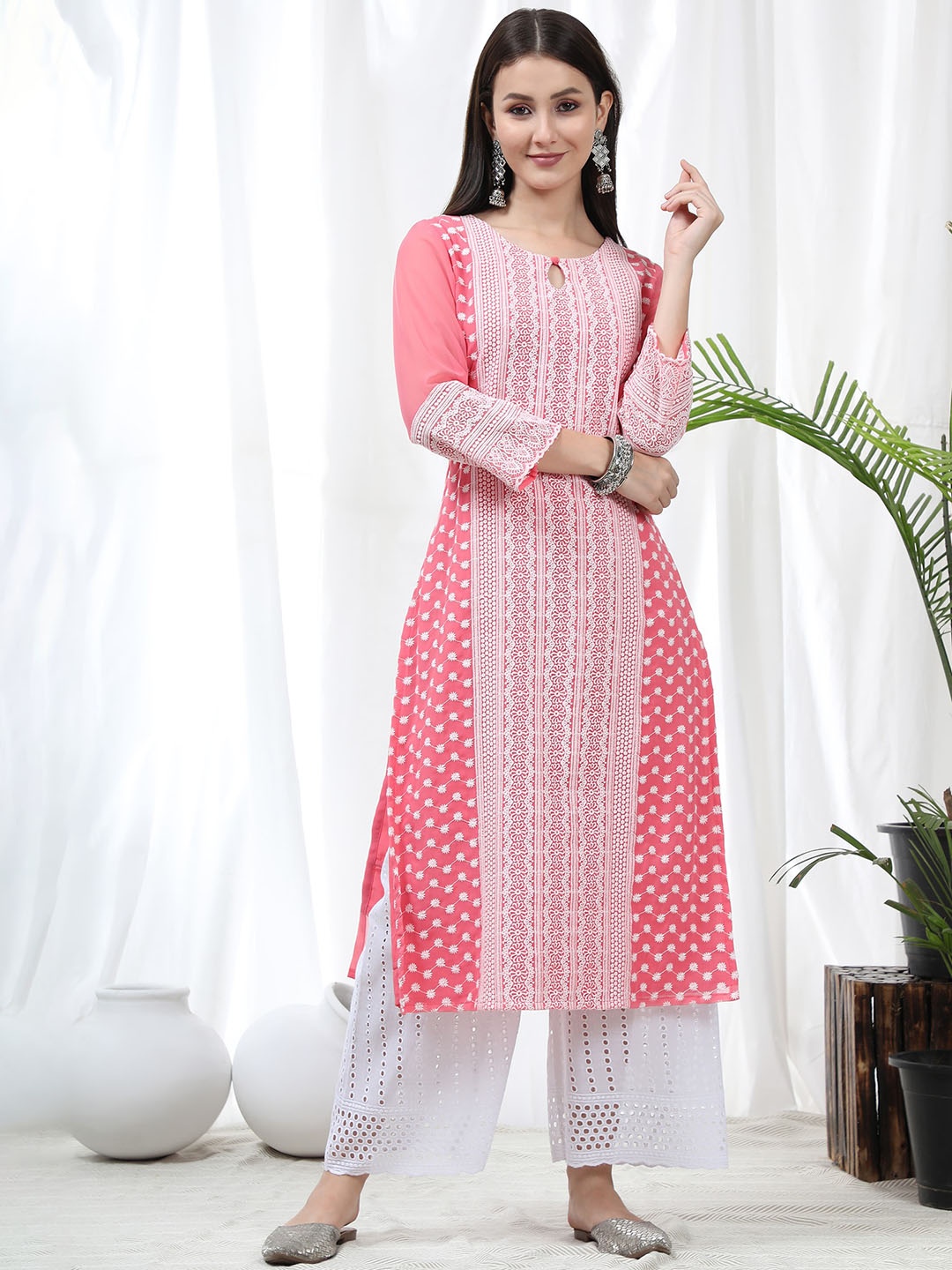 

KALINI Keyhole Neck Ethnic Motifs Embroidered Chikankari Georgette Kurta, Pink