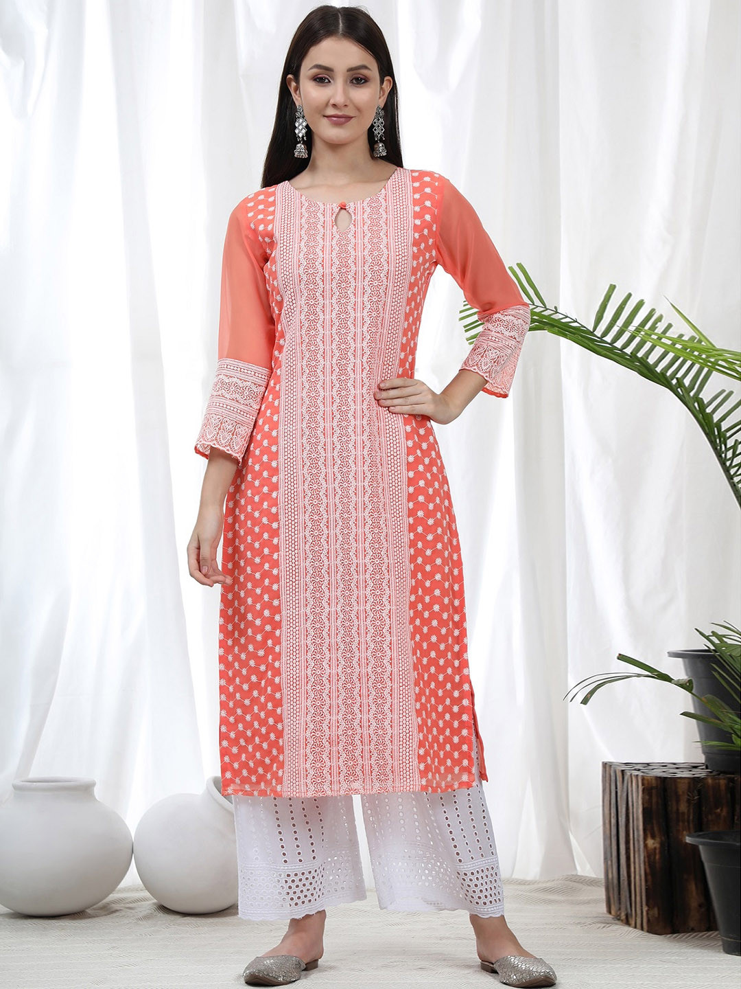

KALINI Keyhole Neck Ethnic Motifs Embroidered Chikankari Georgette Kurta, Coral