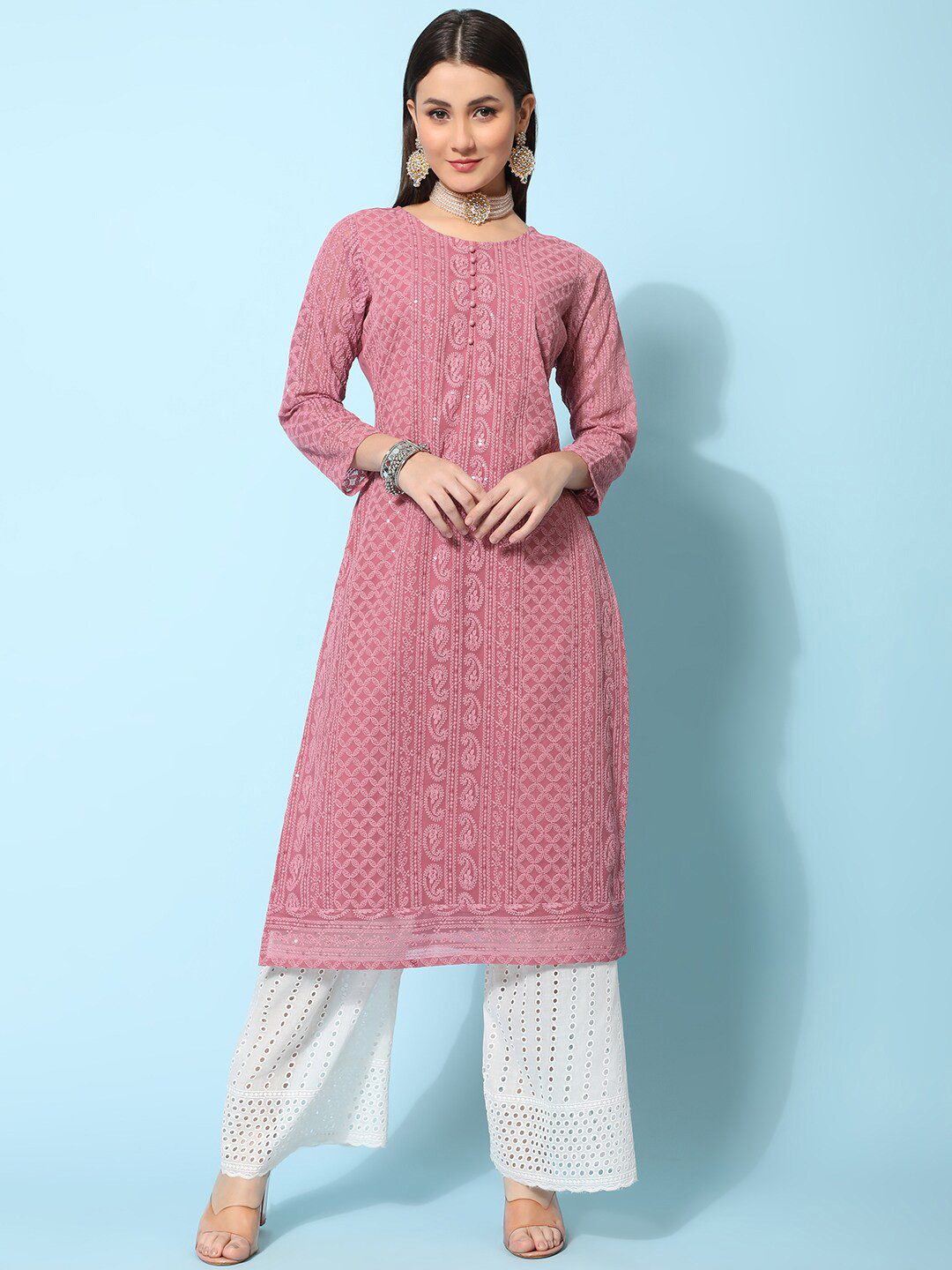 

KALINI Ethnic Motifs Embroidered Chikankari Georgette Kurta, Pink