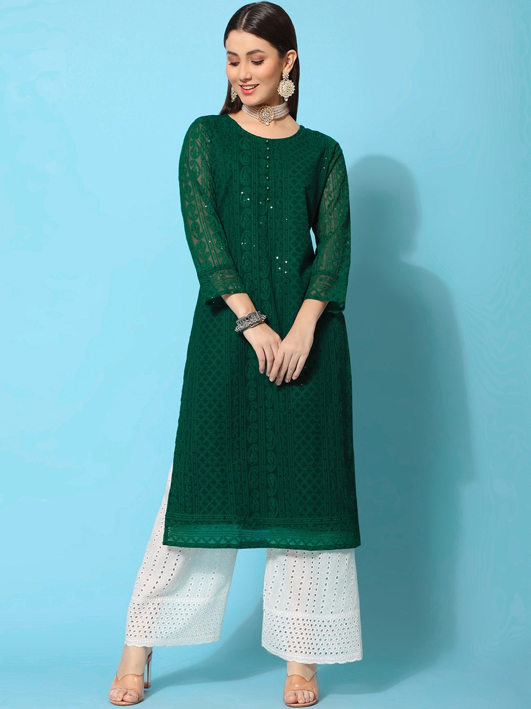 

KALINI Ethnic Motifs Embroidered Chikankari Georgette Kurta, Green