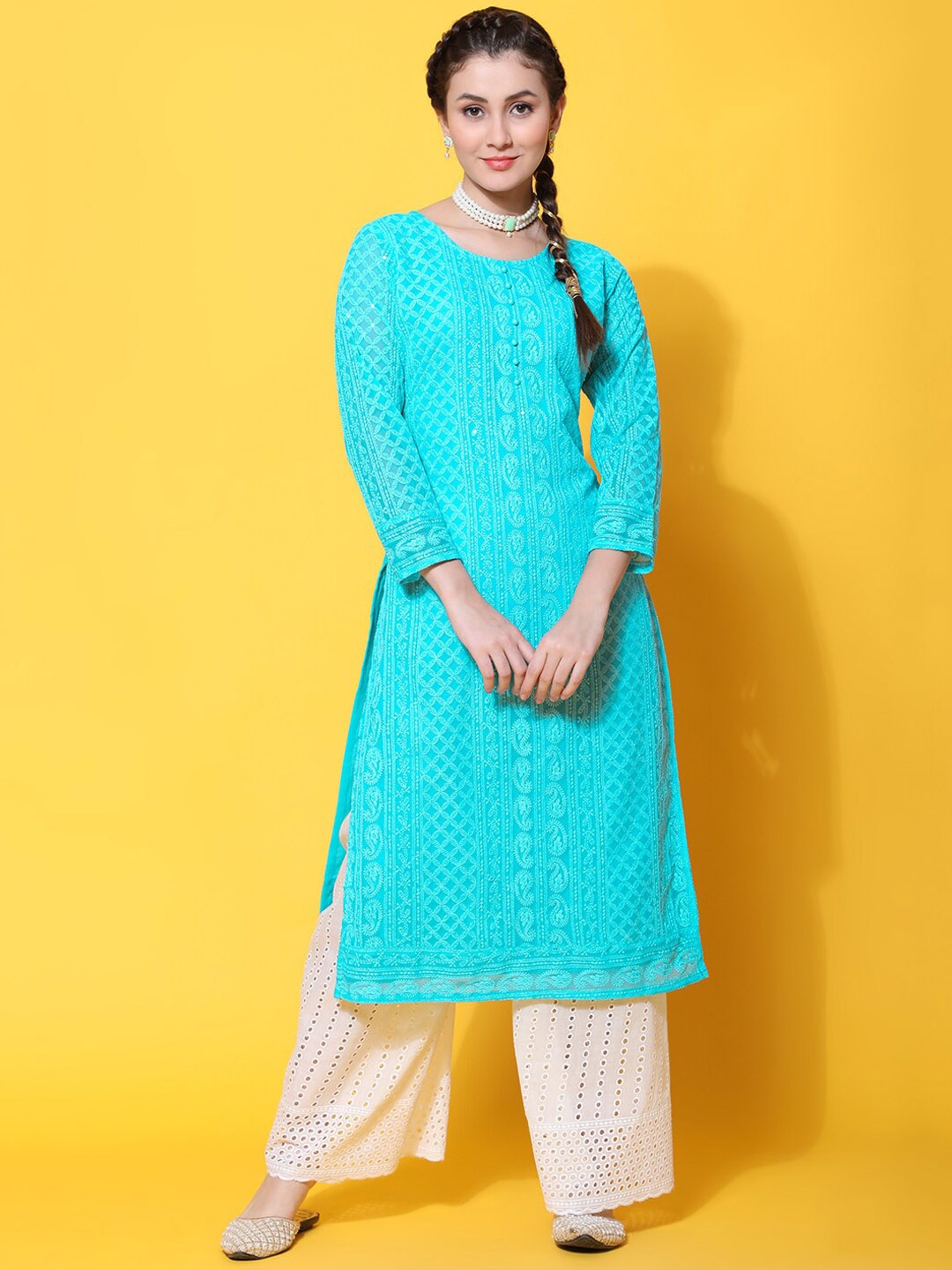 

KALINI Ethnic Motifs Embroidered Chikankari Georgette Kurta, Turquoise blue