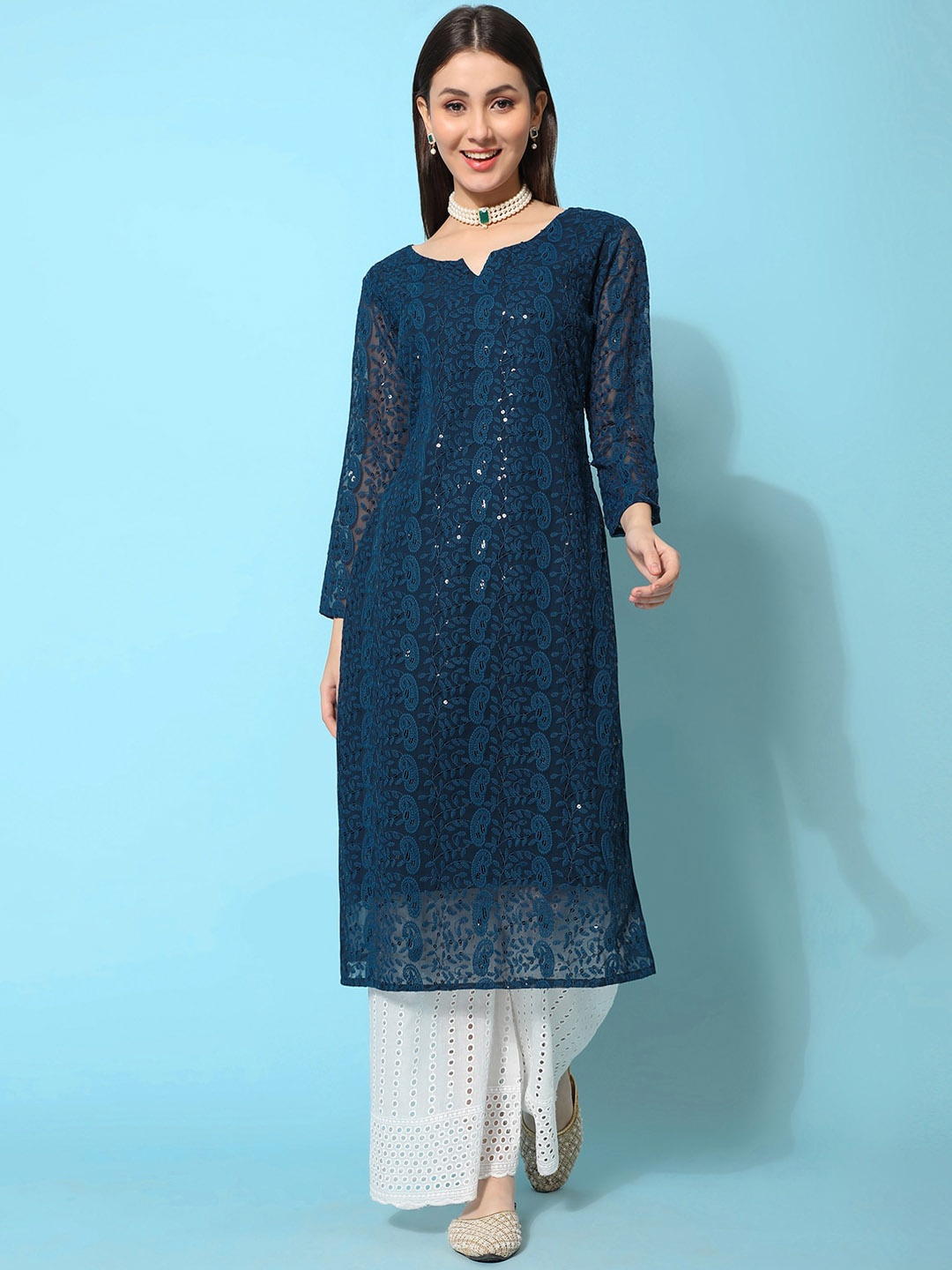 

KALINI Ethnic Motifs Embroidered Sequined Georgette Kurta, Teal