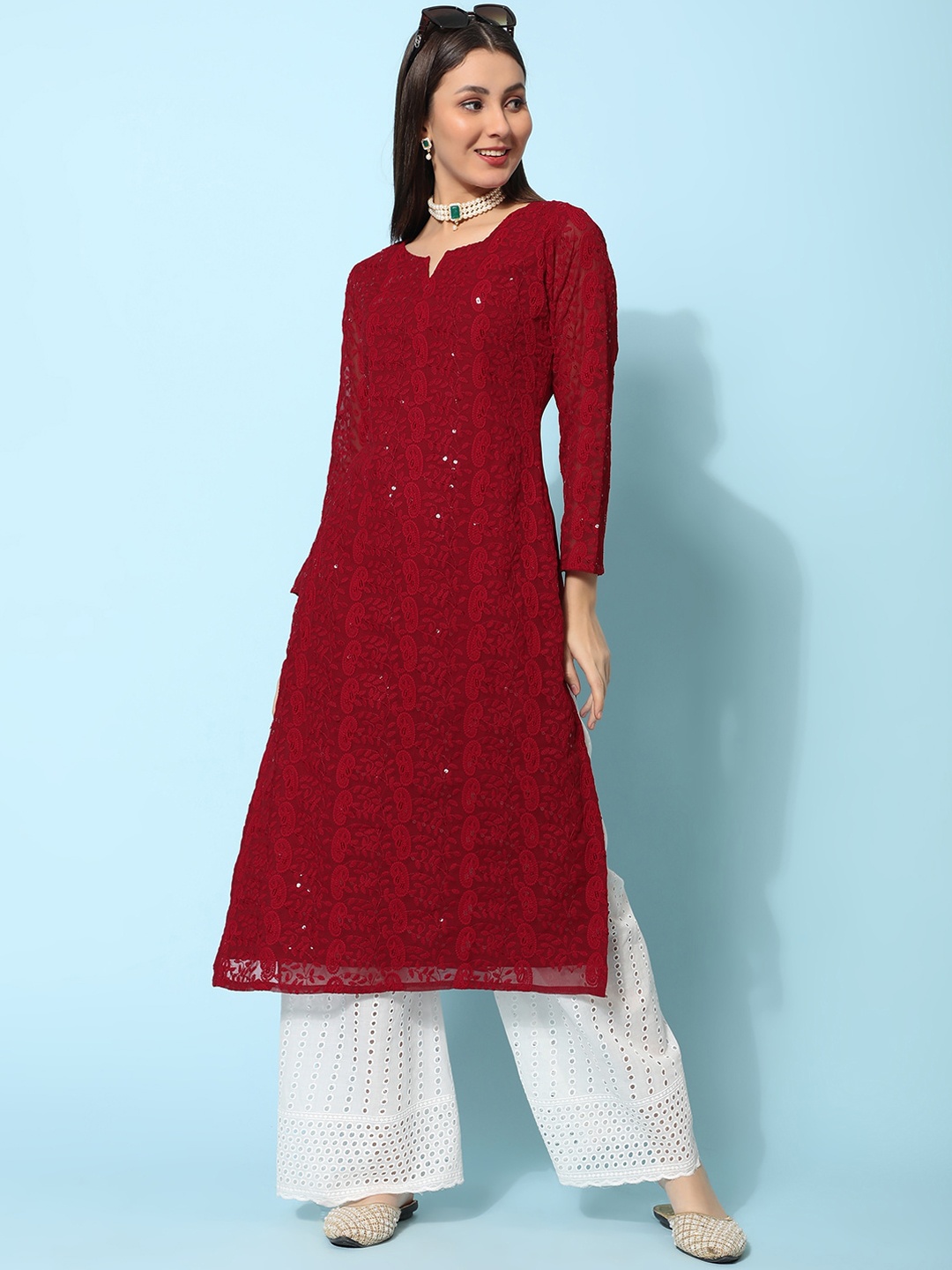 

KALINI Ethnic Motifs Embroidered Sequined Georgette Kurta, Maroon