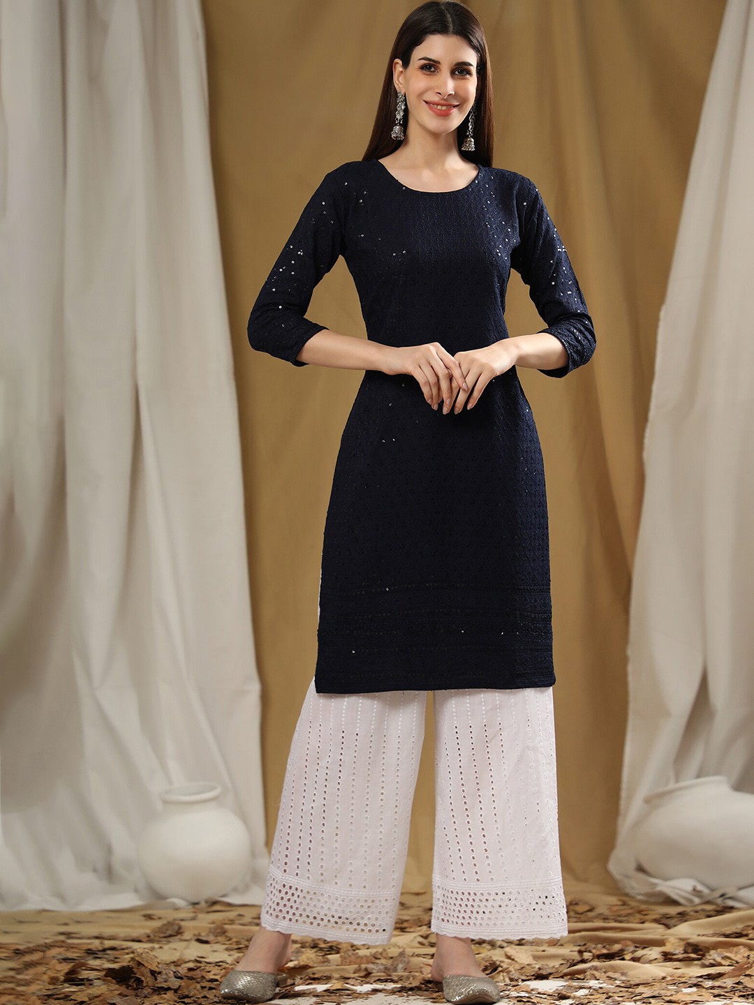

KALINI Ethnic Motifs Embroidered Sequined Georgette Kurta, Navy blue