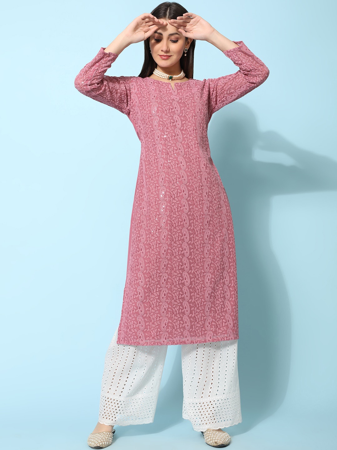 

KALINI Ethnic Motifs Embroidered Sequined Georgette Kurta, Pink