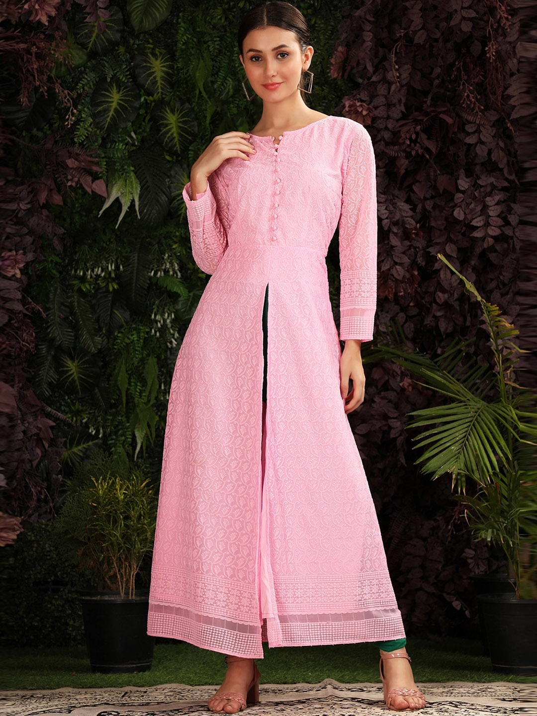 

KALINI Ethnic Motifs Embroidered A-Line Georgette Kurta, Pink