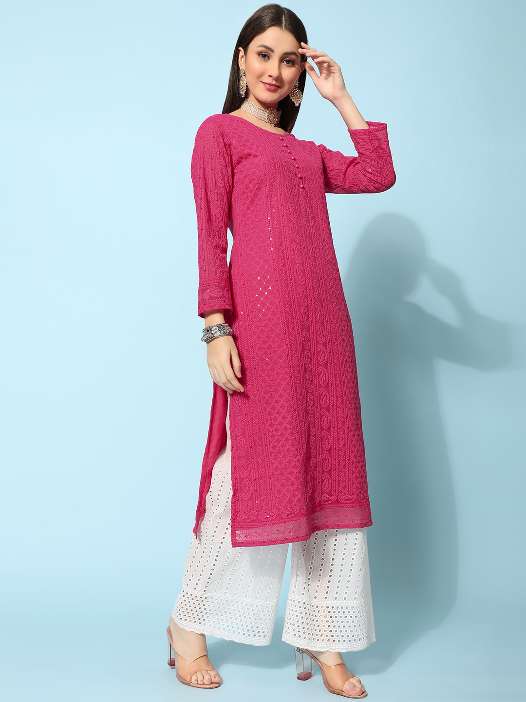 

KALINI Ethnic Motifs Embroidered Chikankari Georgette Kurta, Pink