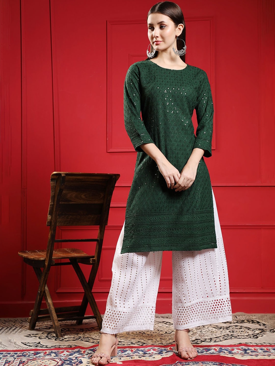 

KALINI Ethnic Motifs Embroidered Sequined Georgette Kurta, Green