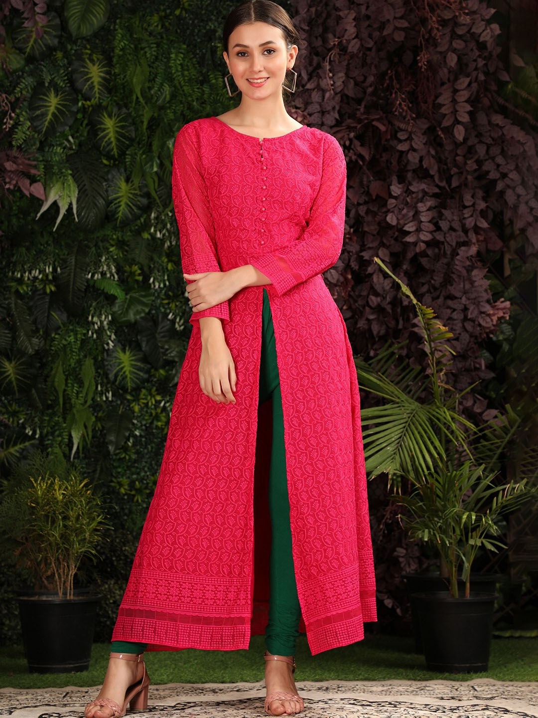 

KALINI Ethnic Motifs Embroidered A-Line Georgette Kurta, Pink