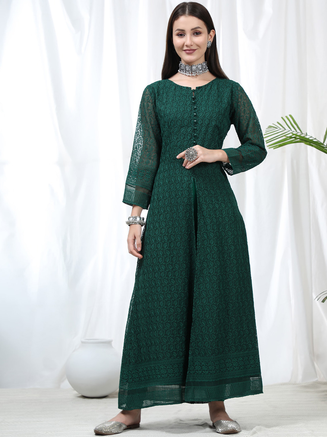 

KALINI Ethnic Motifs Embroidered A-Line Georgette Kurta, Green