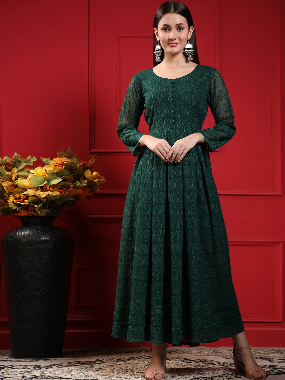 

KALINI Ethnic Motifs Embroidered Fit & Flare Maxi Georgette Ethnic Dress, Green