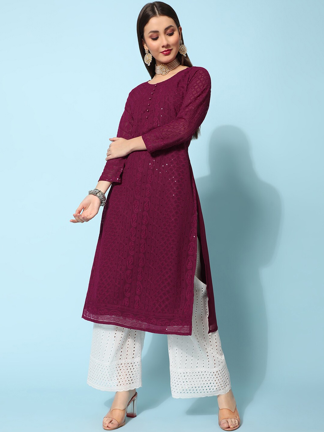 

KALINI Ethnic Motifs Chikankari Embroidered Sequinned Georgette Kurta, Burgundy