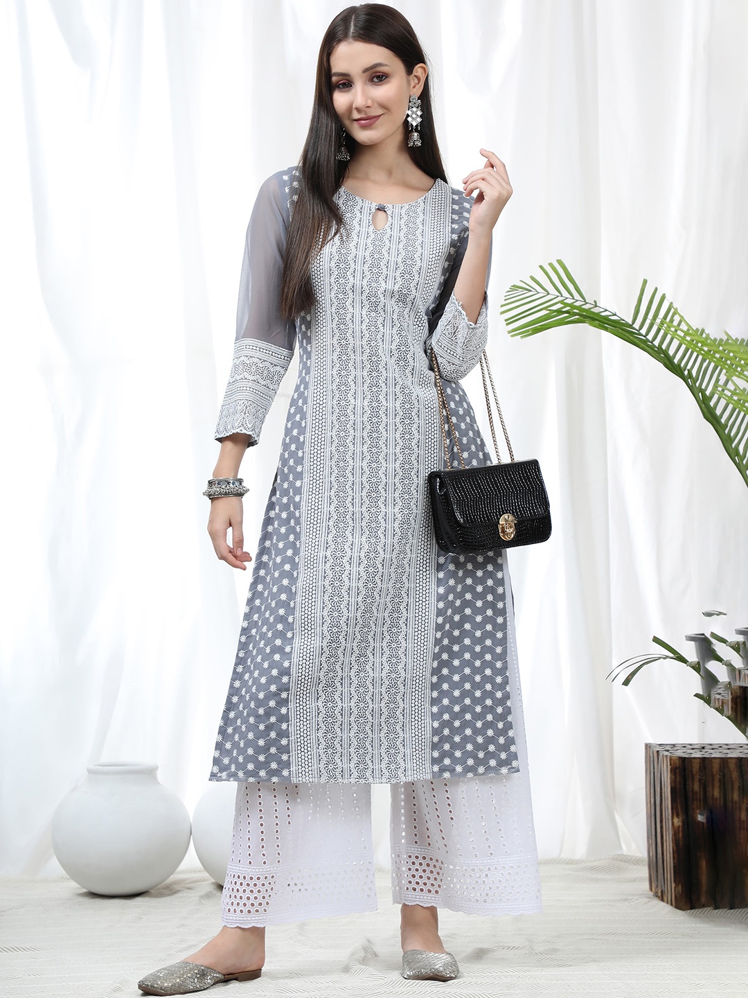 

KALINI Ethnic Motifs Chikankari Embroidered A-Line Panelled Georgette Kurta, Grey