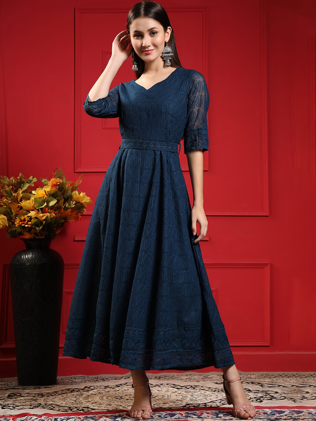 

KALINI Paisley Embroidered Belted Fit & Flare Georgette Ethnic Dress, Navy blue