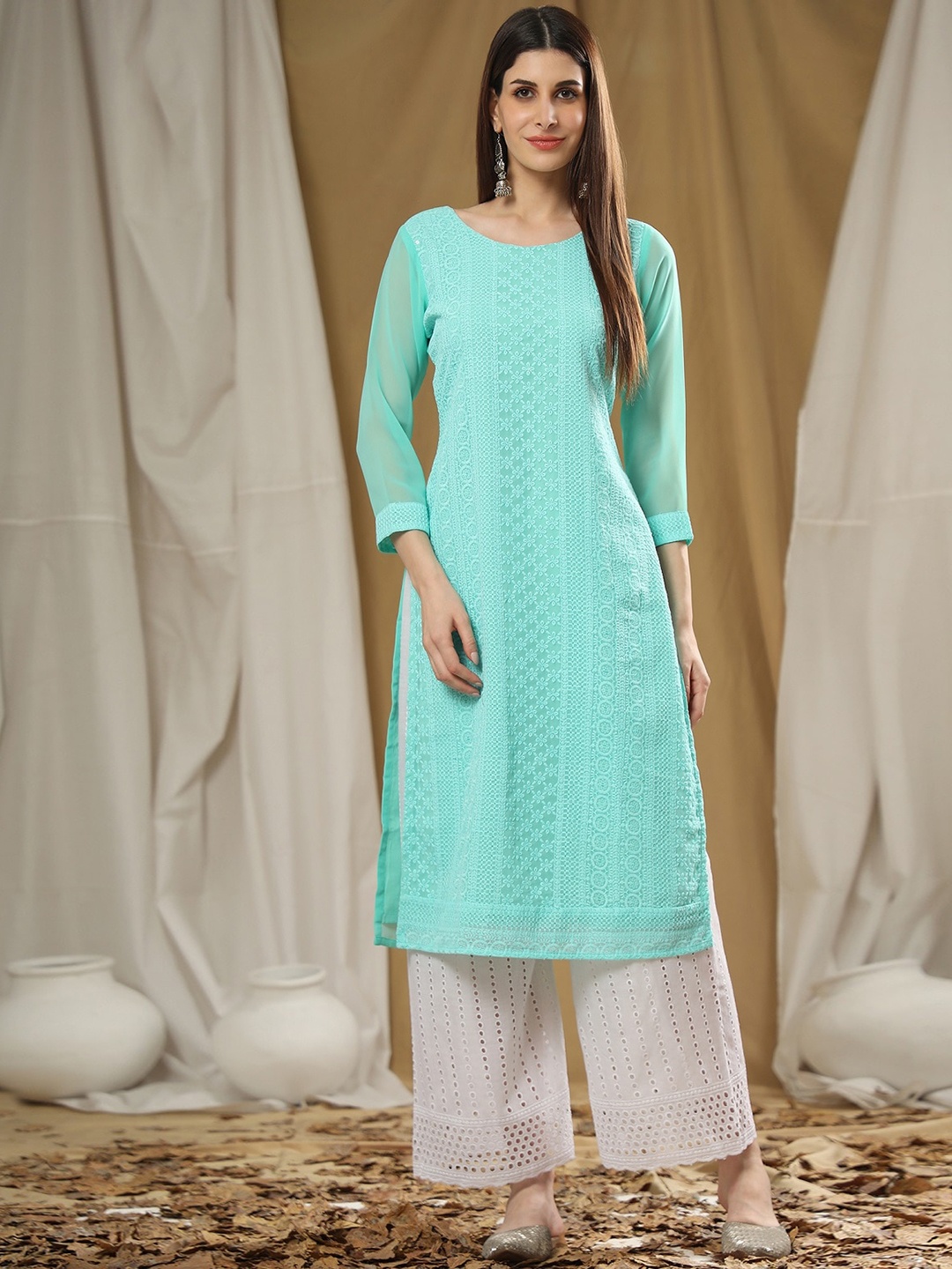 

KALINI Ethnic Motifs Chikankari Embroidered Sequinned Georgette Kurta, Sea green