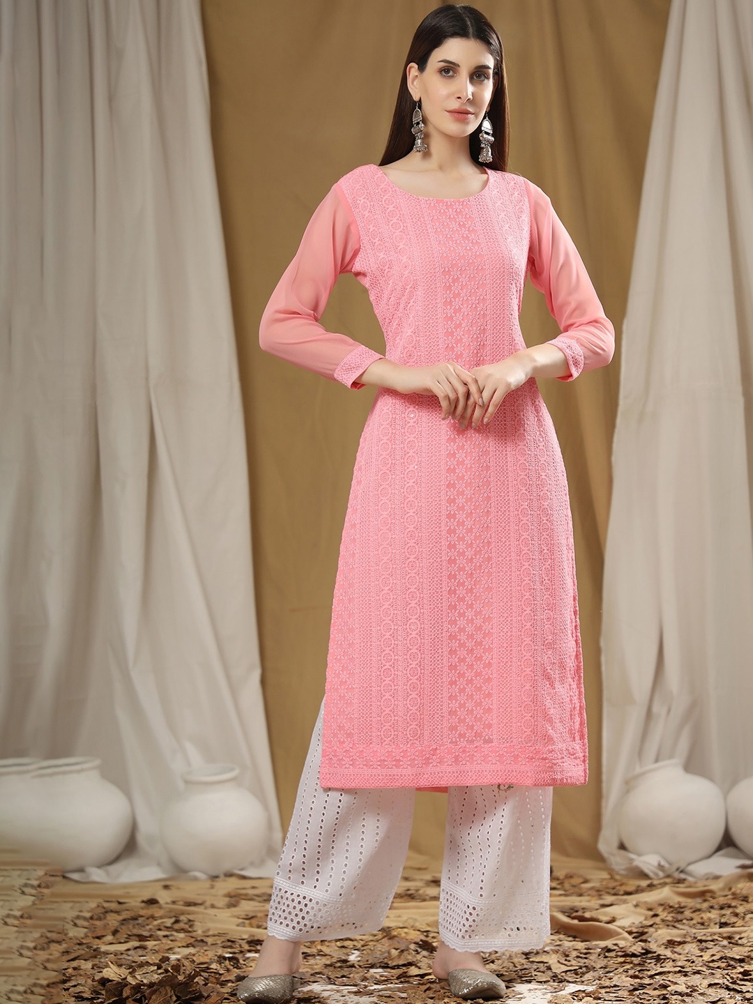 

KALINI Ethnic Motifs Chikankari Embroidered Sequinned Georgette Kurta, Pink