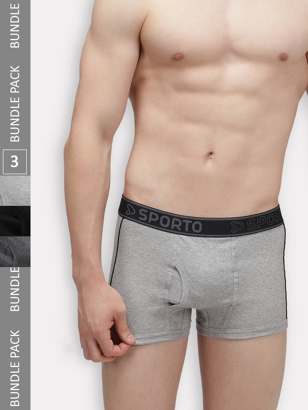 

SPORTO Men Pack Of 3 Logo Printed Cotton Trunks SP-TRM1020-GM-AM-BLK-L-3PC, Grey