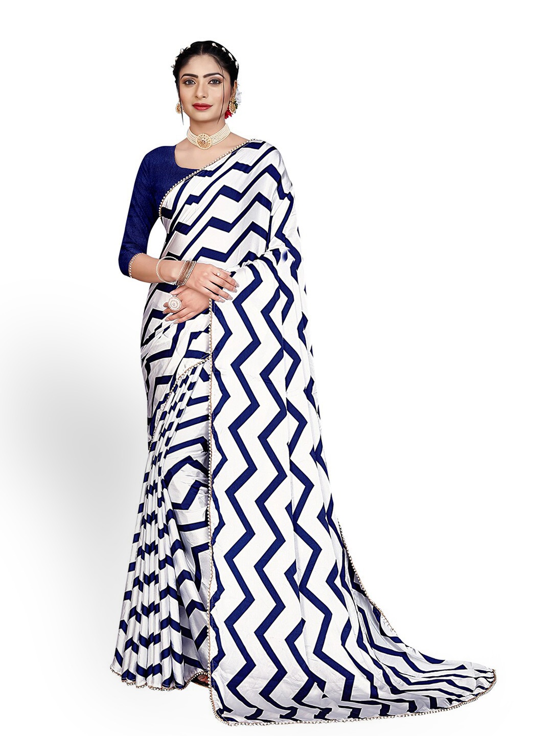 

Pisara Chevron Printed Satin Saree, Blue