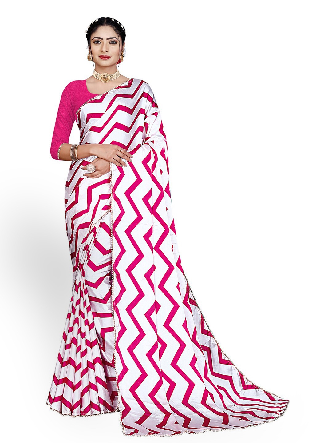 

Pisara Chevron Printed Satin Saree, Pink
