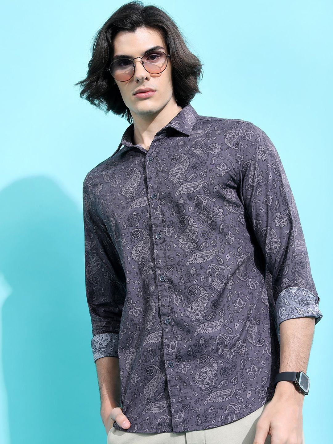 

HIGHLANDER Grey Slim Fit Floral Printed Cotton Casual Shirt
