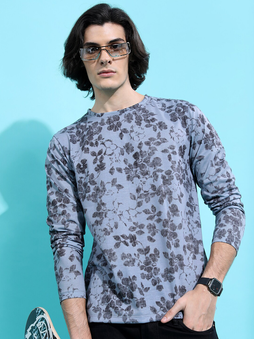 

HIGHLANDER Grey Floral Printed Long Sleeves Relaxed Fit T-shirt