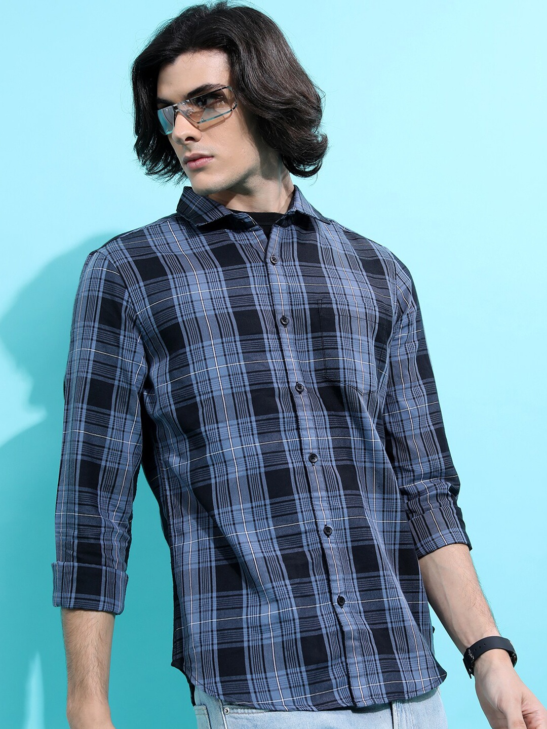 

HIGHLANDER Navy Blue Slim Fit Tartan Checked Casual Shirt
