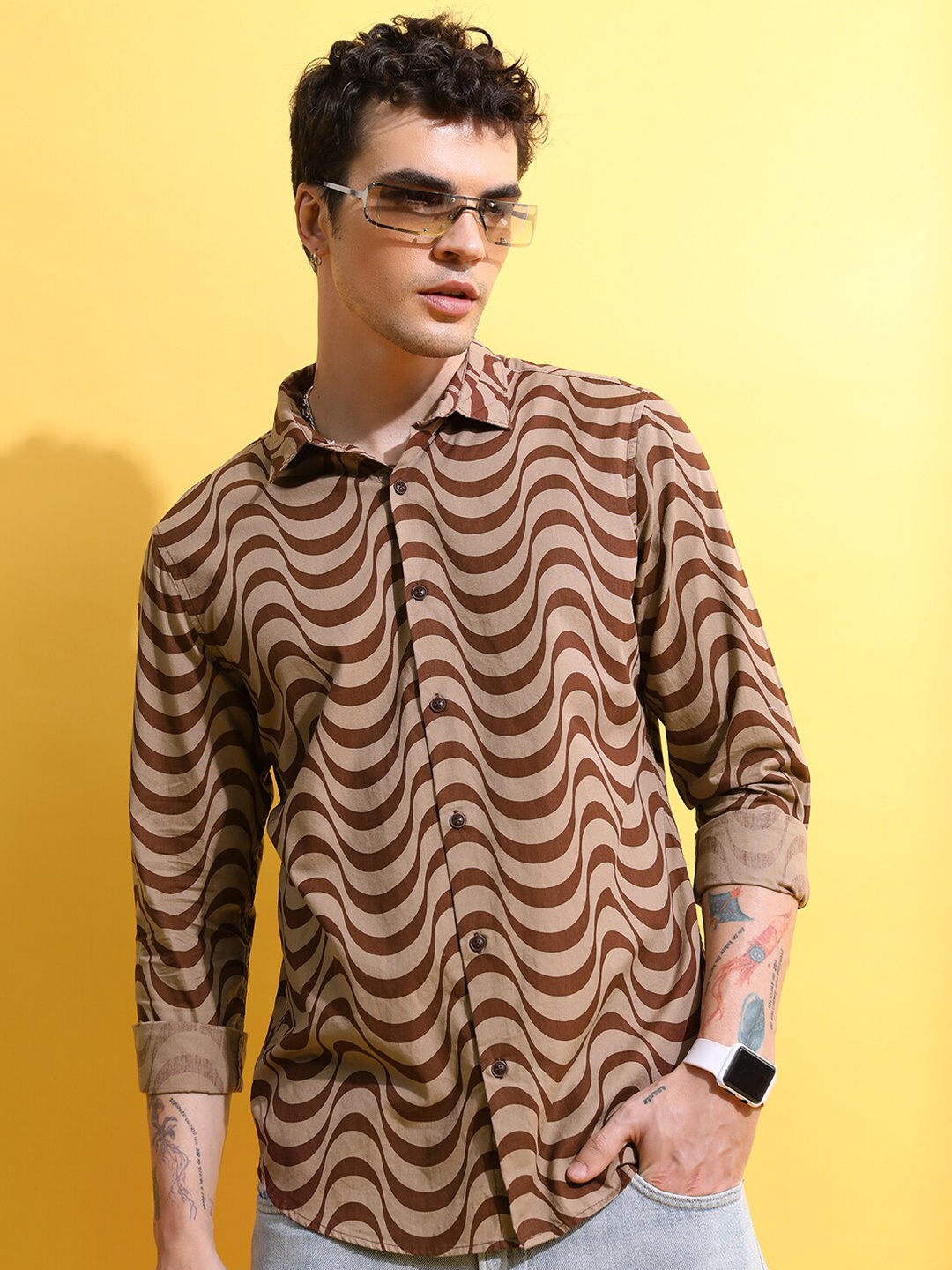 

HIGHLANDER Rust Slim Fit Abstract Printed Cotton Casual Shirt